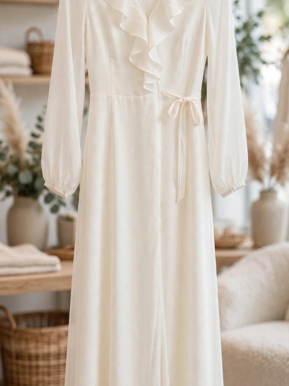 HYFVE White Maxi Dress Ruffle V-Neck Sheer Long Sleeve Tie Waist NWT M